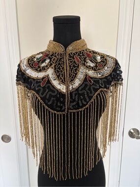 Handmade Beaded Sequin Fringe Capelet Art Deco Evening Wrap | One Size